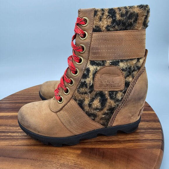 Sorel Lexie Boots Women's 5 Brown Leather Leopard Print Hidden Wedge Lace Up - Picture 3 of 10